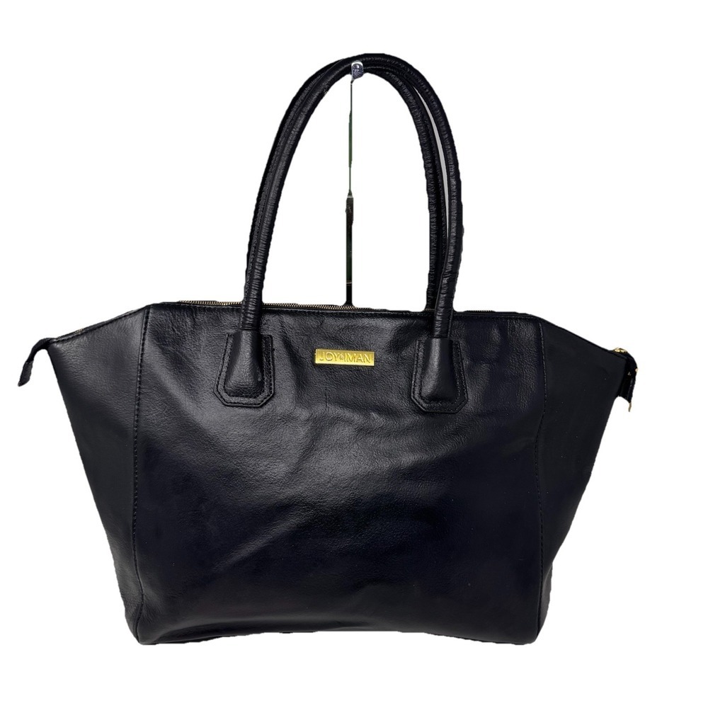 JOY & IMAN Black Faux Leather Large Satchel Tote Shoulder Bag Gold Trim